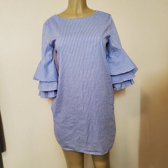 Zara Nautical Babydoll Dress Medium Ruffled Sleeves Tunic Shift Dress Pockets - Picture 1 of 12